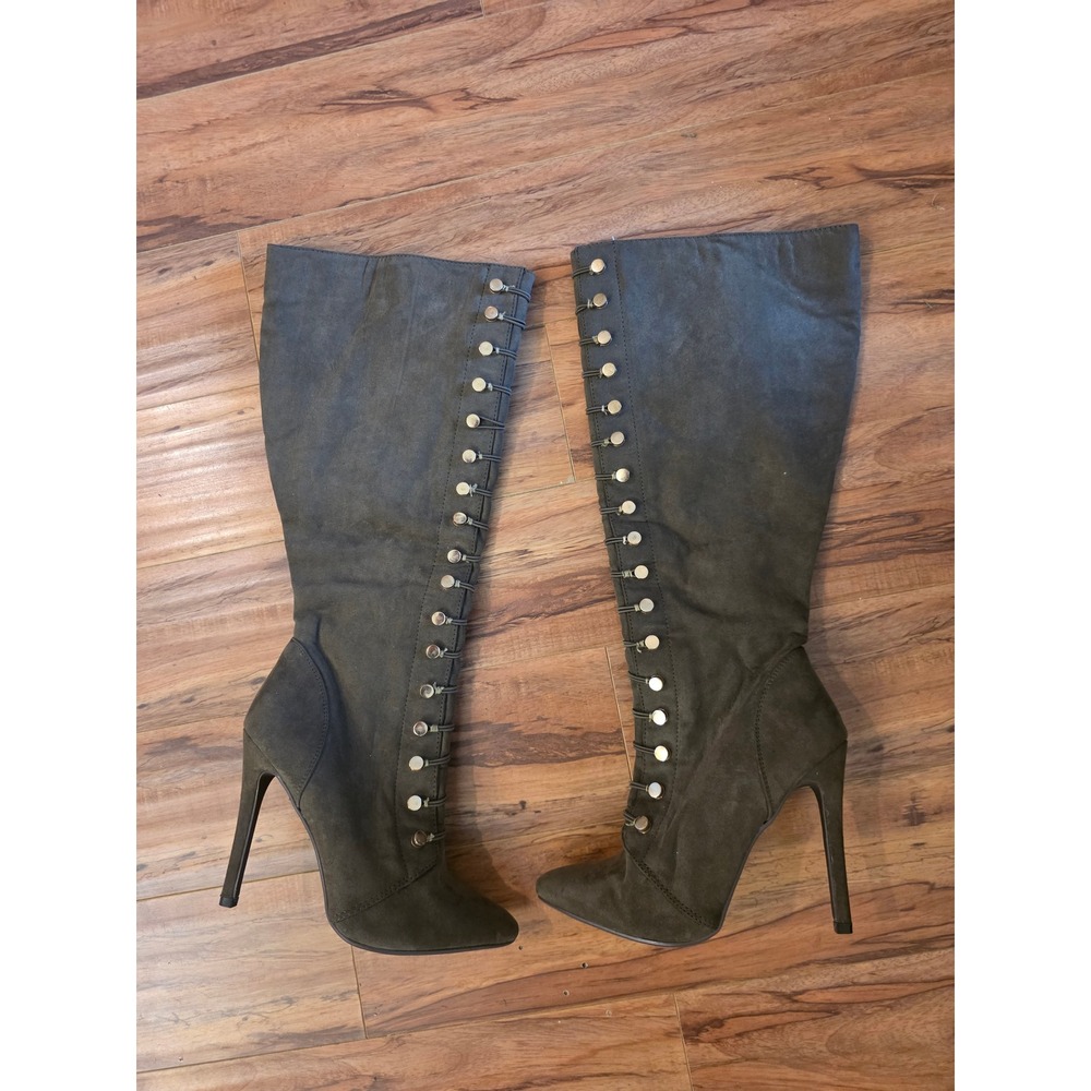 Just Fabulous Gina Women's  Olive Green Microfiber Button Detail Stiletto Tall 8